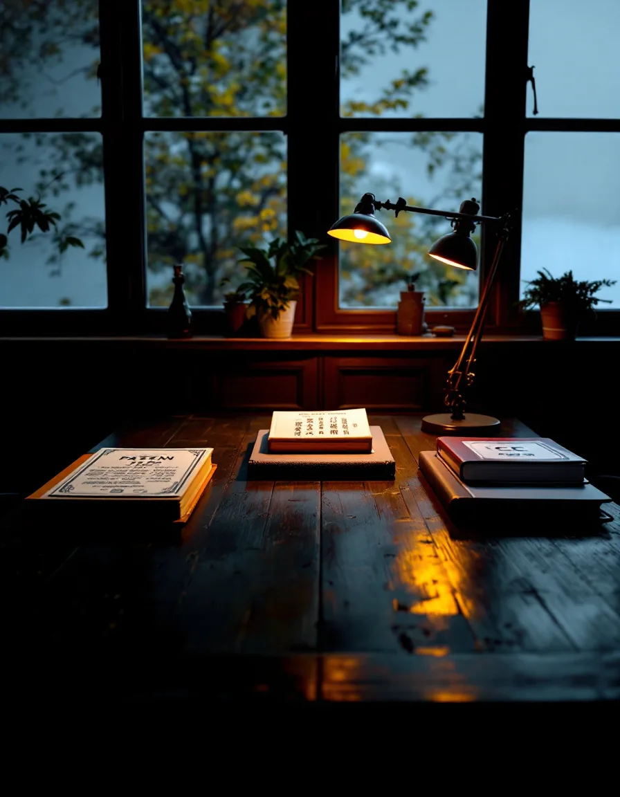 Two facing desks at dusk — Japanese patent pages on one, a German technical file on the other, a single shared binder between them under copper lamplight.