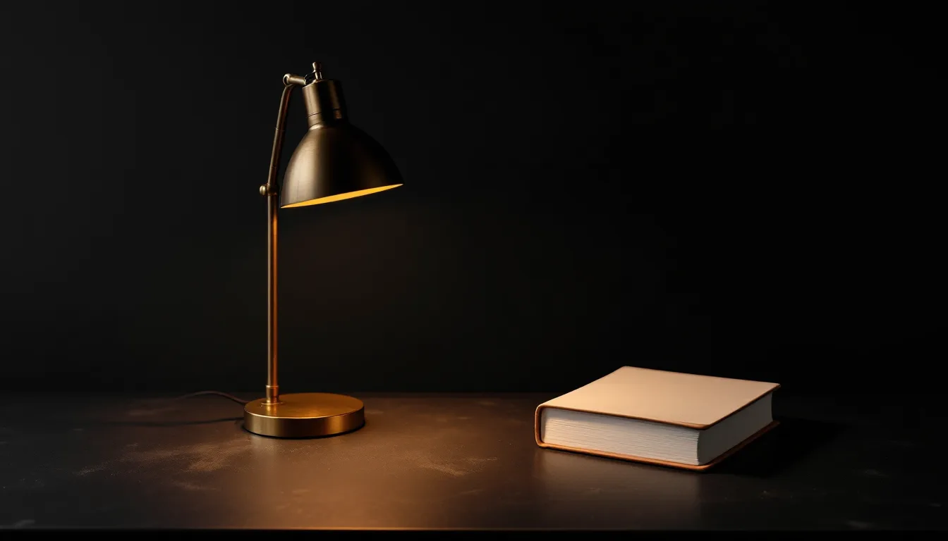 A lone desk lamp lighting a single cloth-bound technical dictionary on an empty charcoal table.